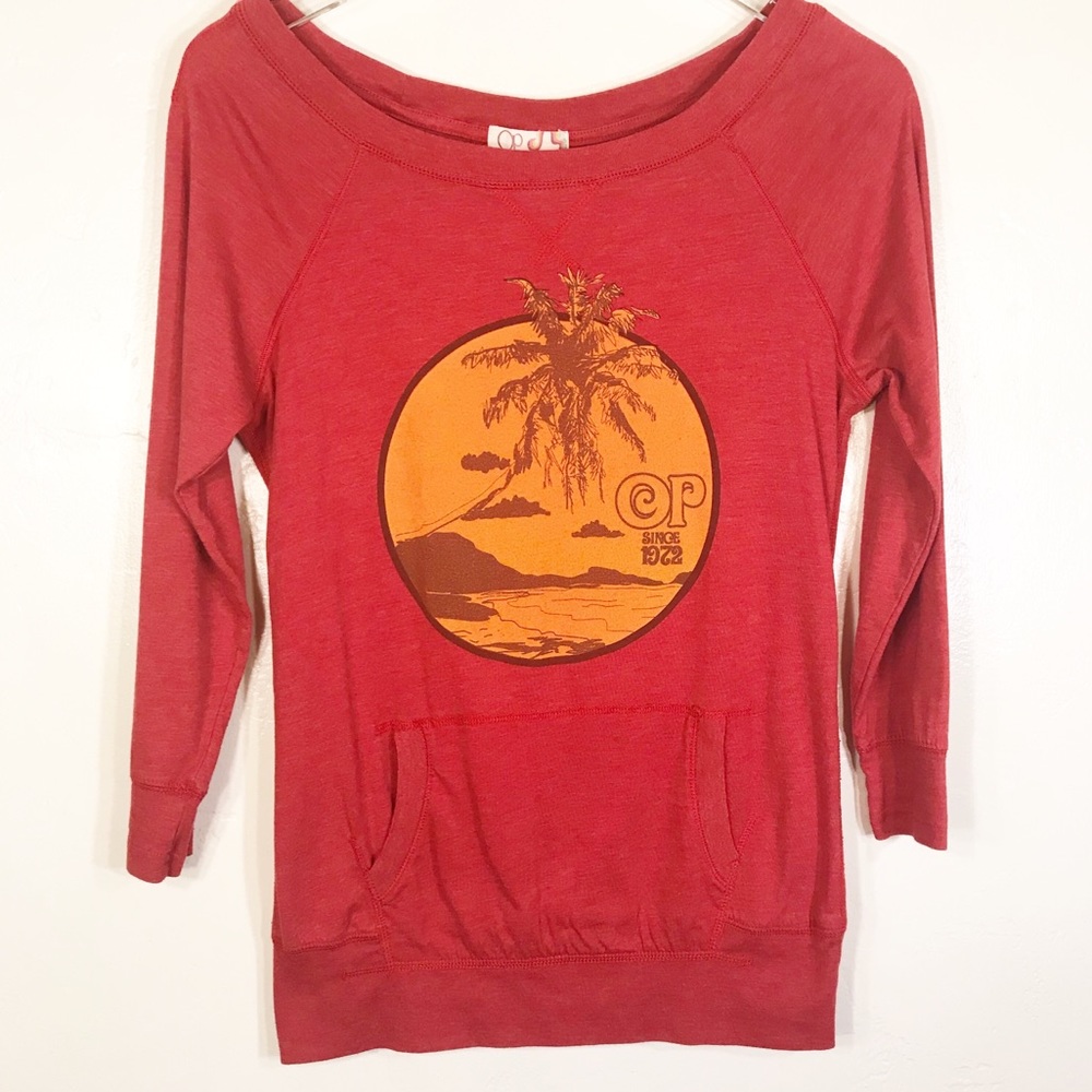 OP | Long Sleeve Boat Neck Tree Island Graphic Top